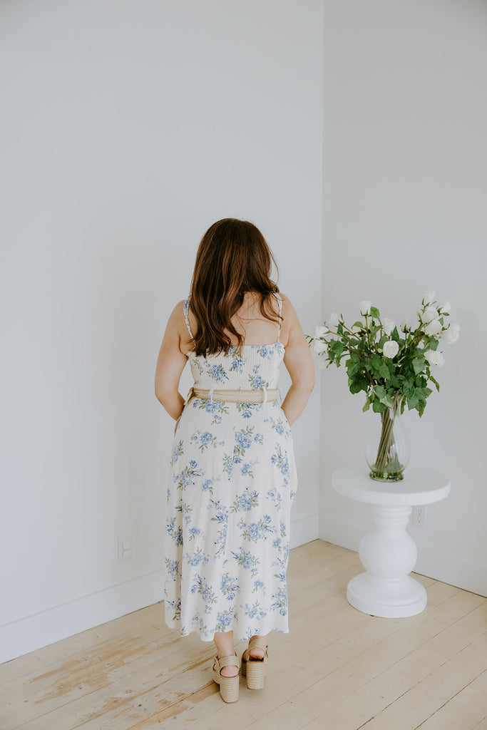 Dream Blue Linen Midi Dress with Belt