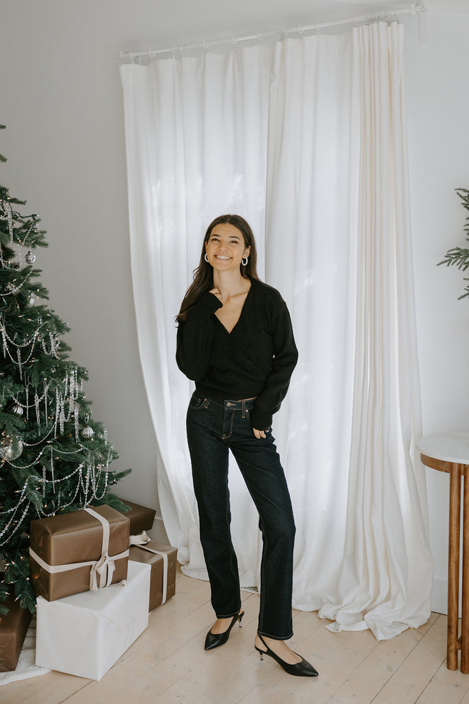 Faux Wrap Sweater - Black