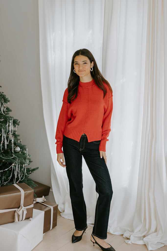 Exposed Seam Sweater with Front Seam - Red
