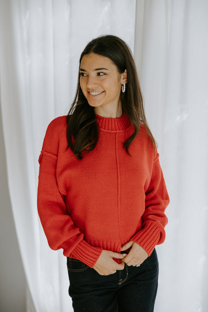 Exposed Seam Sweater with Front Seam - Red