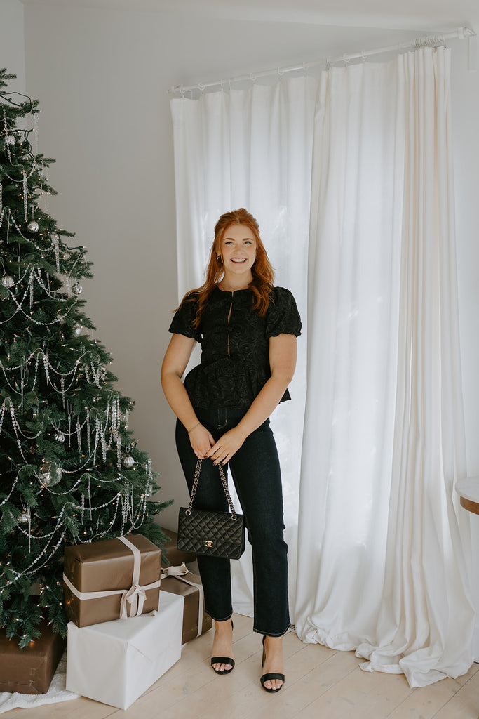 Rose Textured Tie Front Blouse - Black