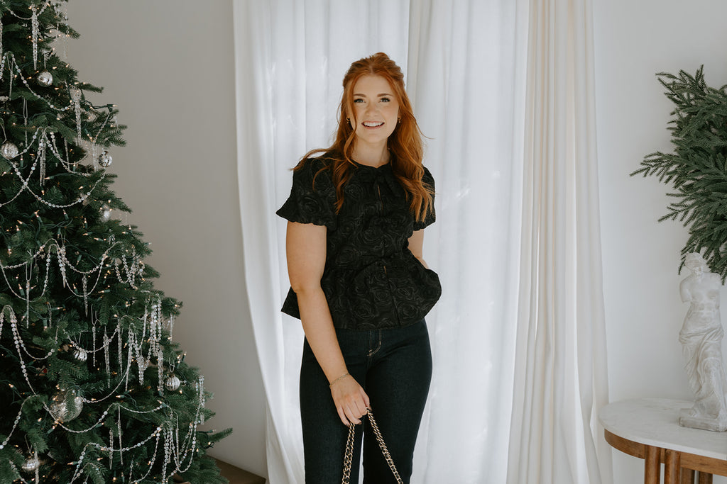 Rose Textured Tie Front Blouse - Black