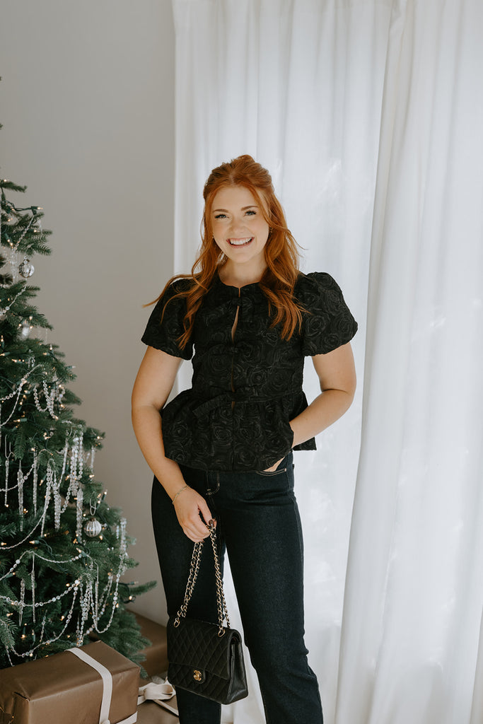 Rose Textured Tie Front Blouse - Black