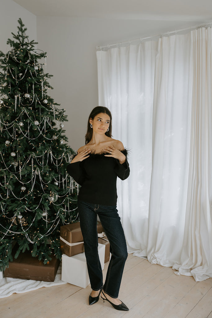 Off Shoulder Sweater with Feathers