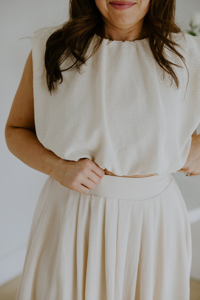 Bubble Top & Flowy Midi Skirt Set - Natural