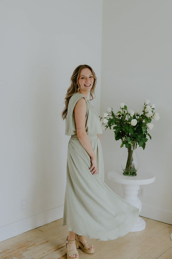 Bubble Top & Flowy Midi Skirt Set - Olive