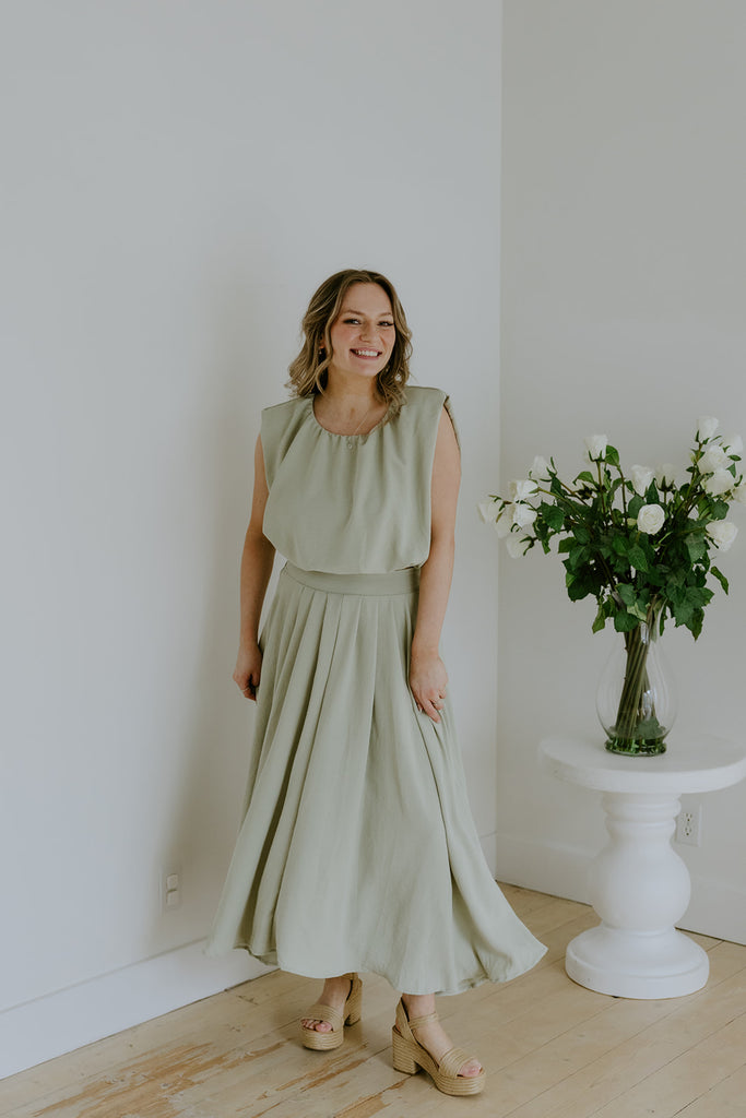 Bubble Top & Flowy Midi Skirt Set - Olive