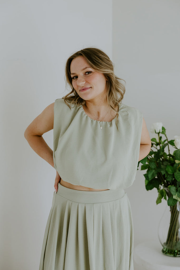 Bubble Top & Flowy Midi Skirt Set - Olive