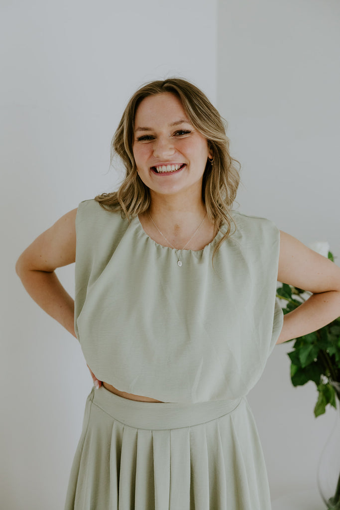 Bubble Top & Flowy Midi Skirt Set - Olive