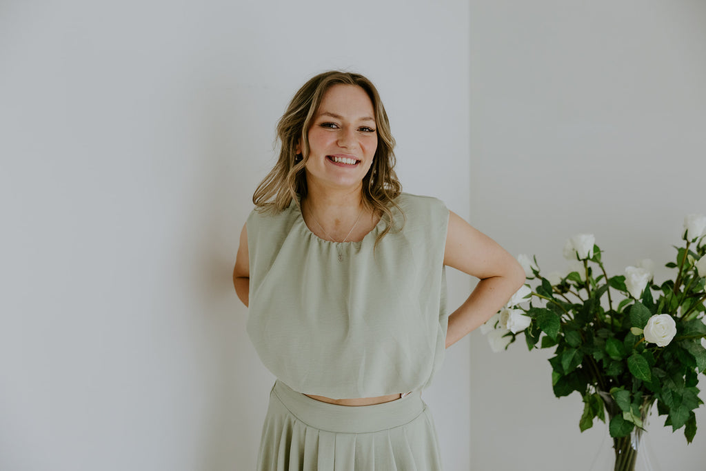 Bubble Top & Flowy Midi Skirt Set - Olive