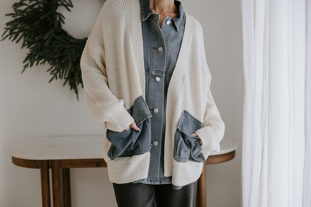 Denim Contrast Knit Jacket - Cream