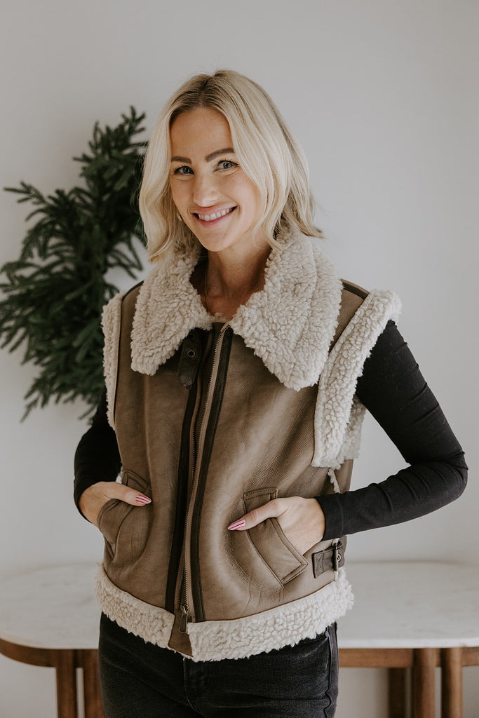 Shearling Faux Leather Vest - Truffle