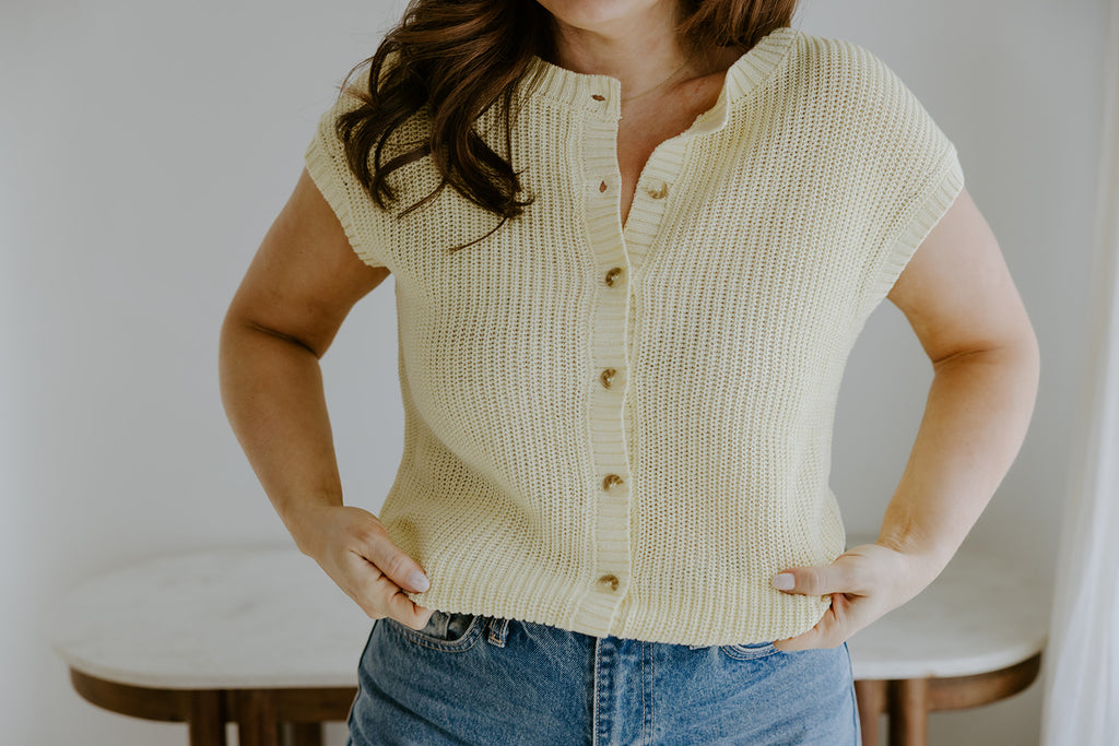 Knit Button Down Vest - Yellow