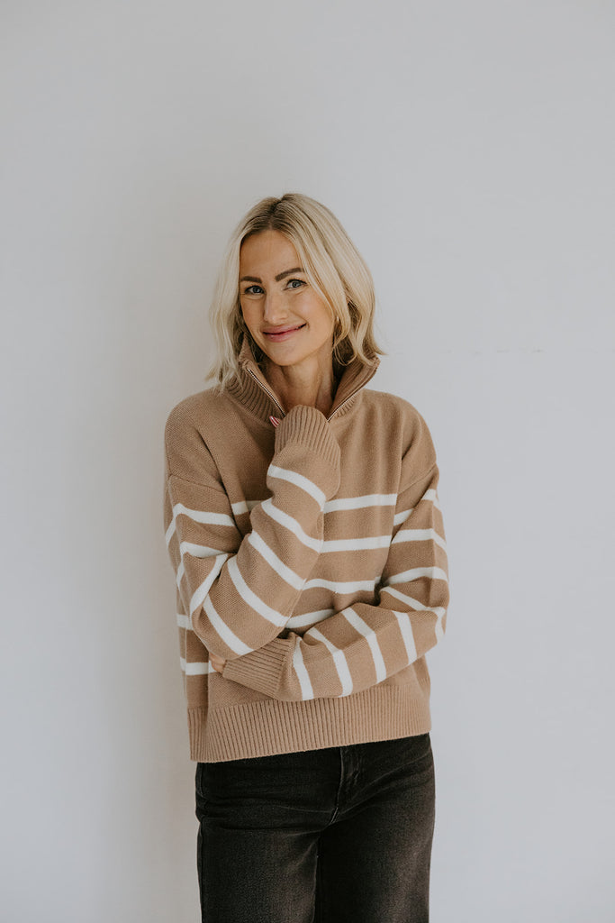 Striped 3/4 Sleeve Sweater - Taupe/Cream