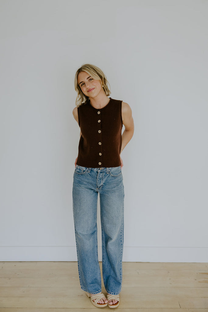 Rolled Hem Sleeveless Vest - Brown