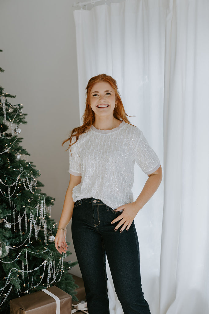 Sequin Tshirt Style Top - Ivory