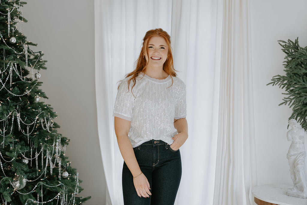 Sequin Tshirt Style Top - Ivory