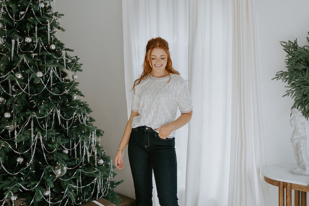 Sequin Tshirt Style Top - Ivory