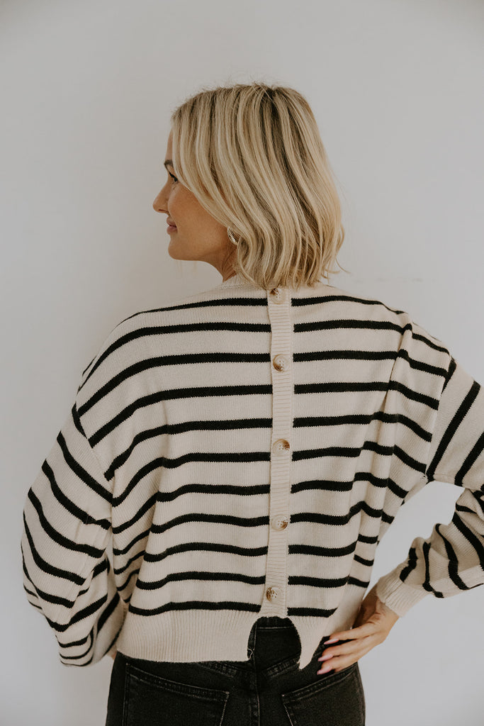 Striped Back Button Detail Sweater - Black