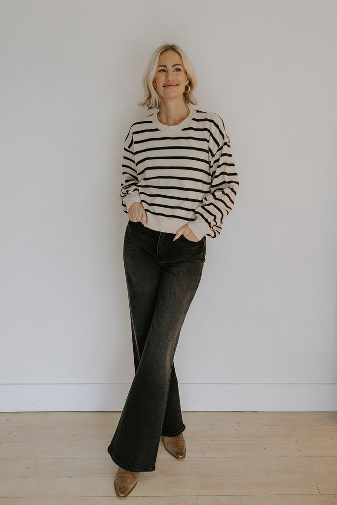Striped Back Button Detail Sweater - Black