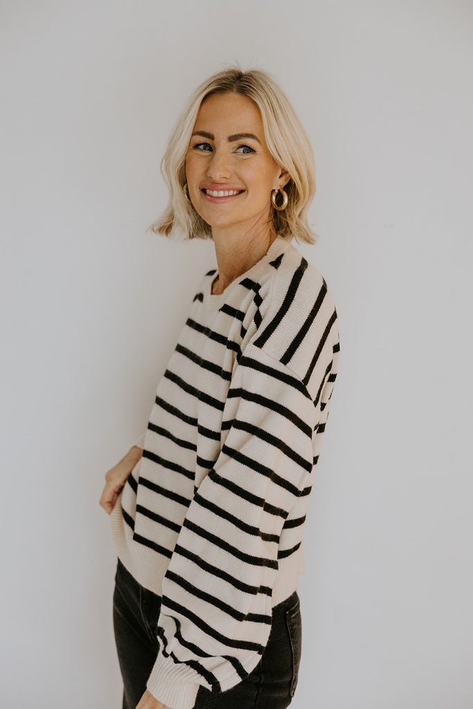 Striped Back Button Detail Sweater - Black