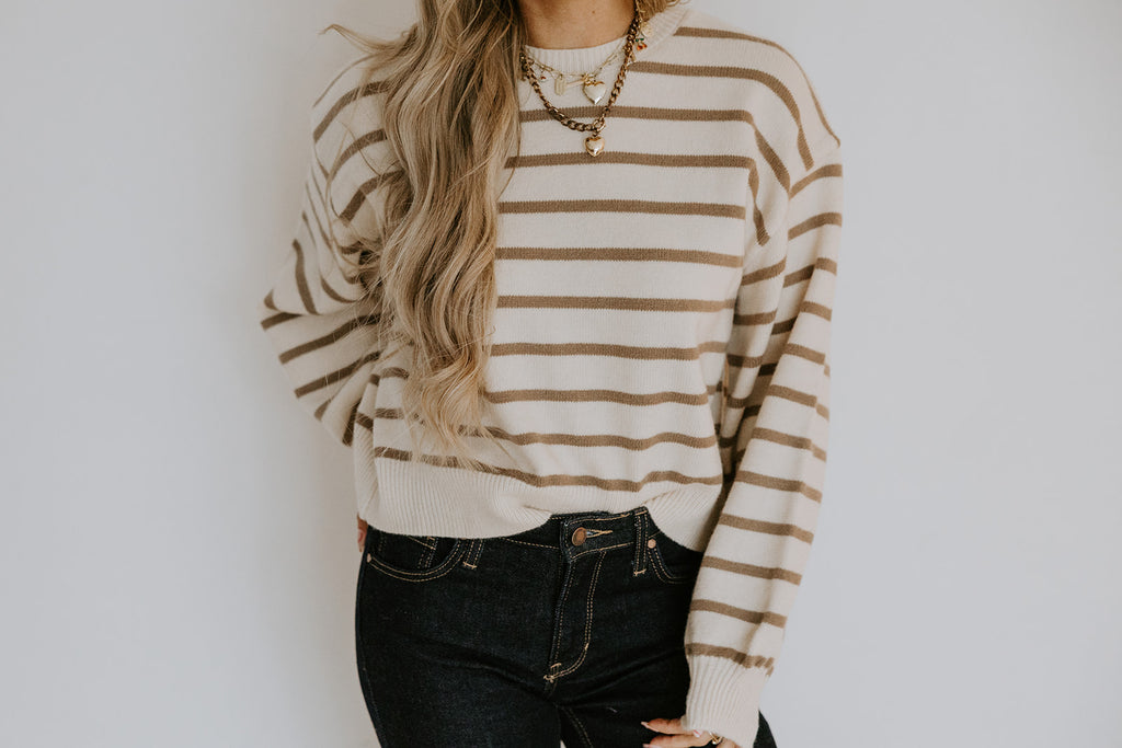 Striped Back Button Detail Sweater - Taupe