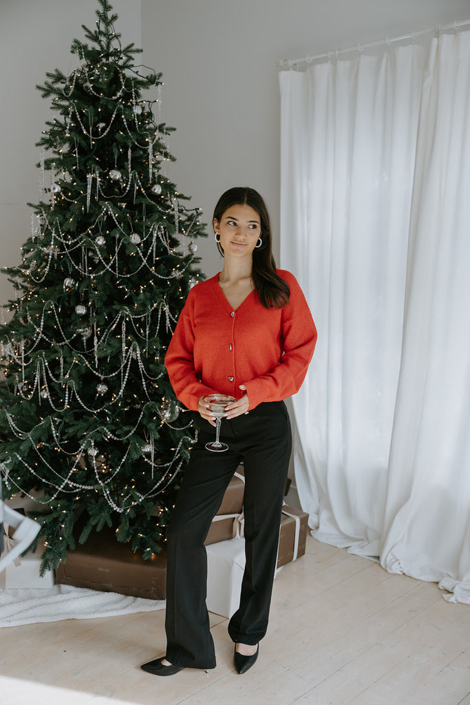 Heart Button Cardigan - Red