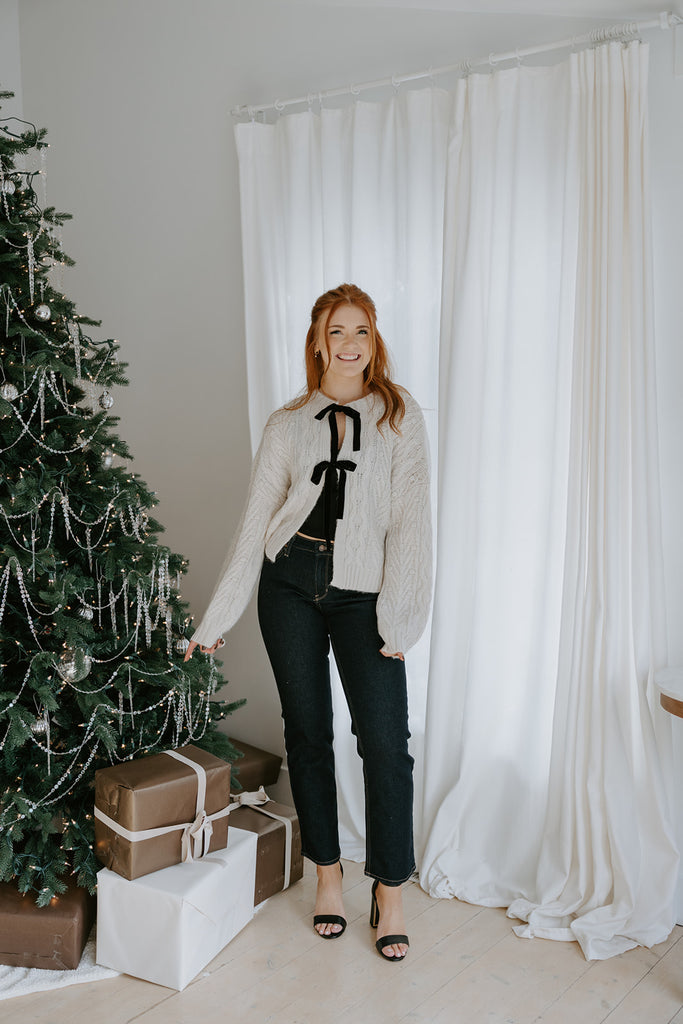 Knit Sweater With Velvet Front Bows - Ivory