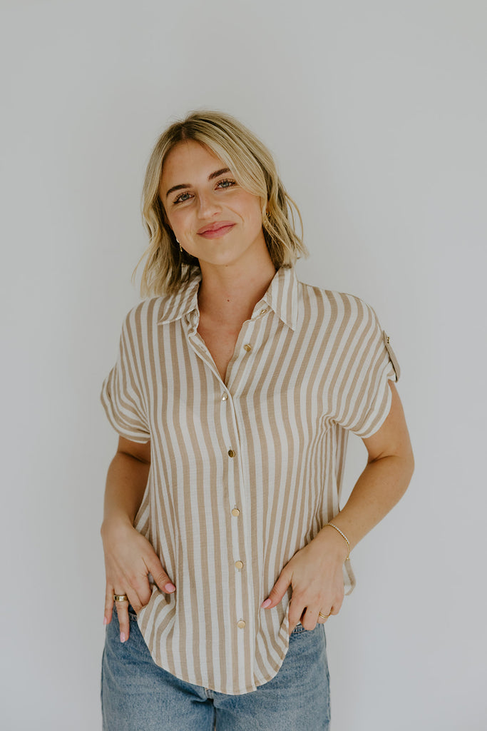 Lightweight Short Sleeve Stripe Shirt - Khaki