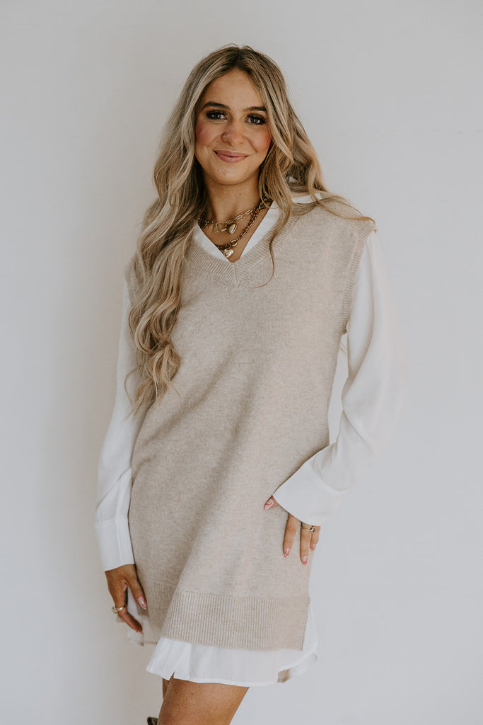 Mixed Media Shirt Dress - Sand