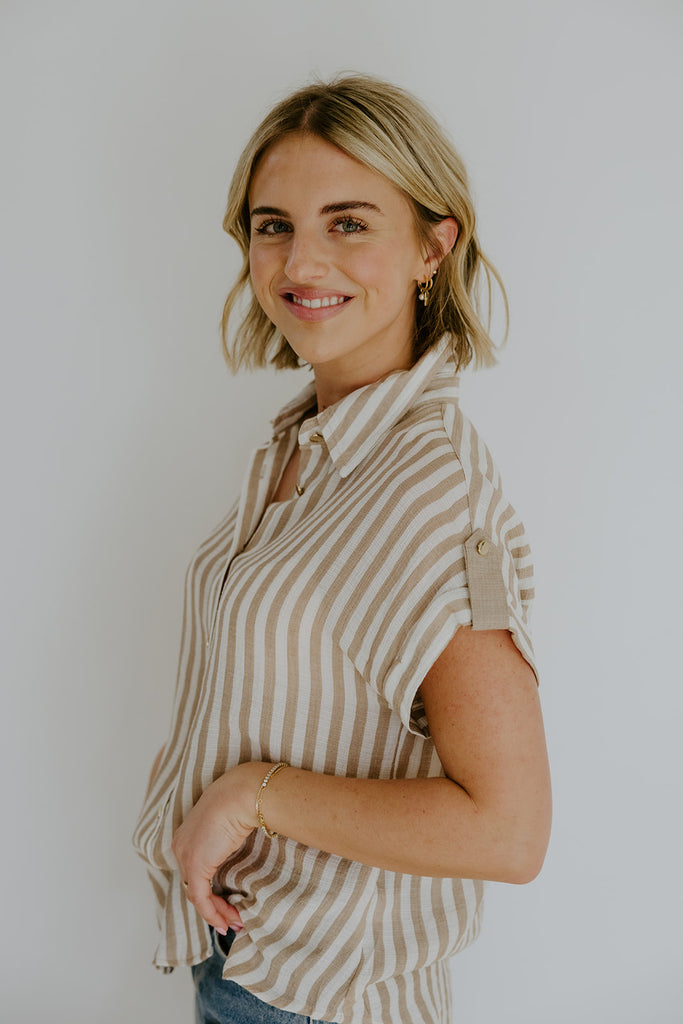 Lightweight Short Sleeve Stripe Shirt - Khaki