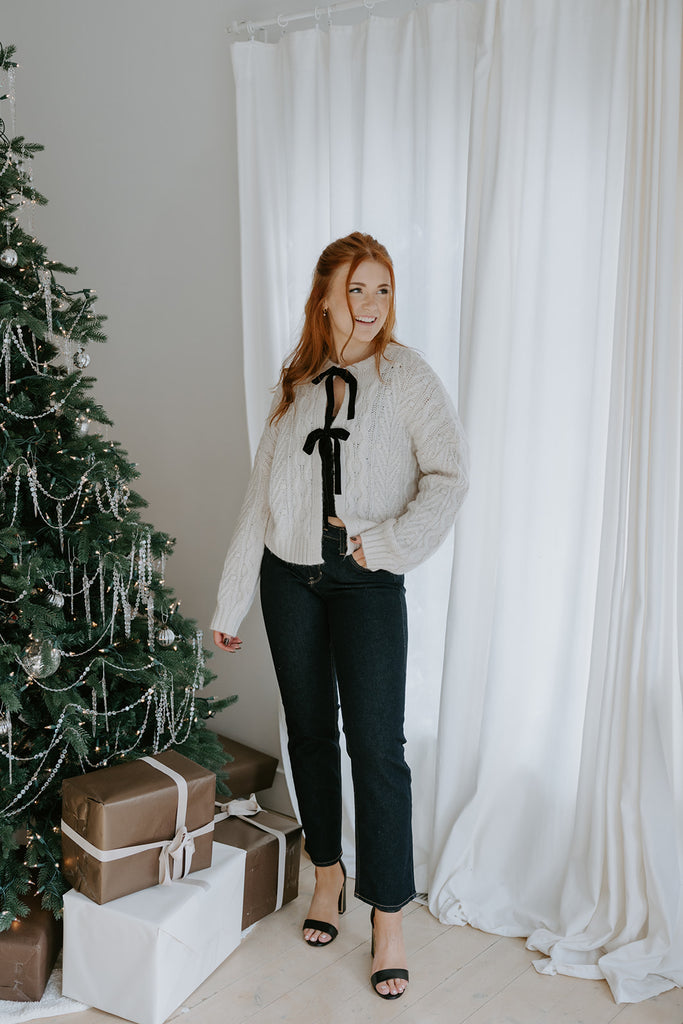 Knit Sweater With Velvet Front Bows - Ivory