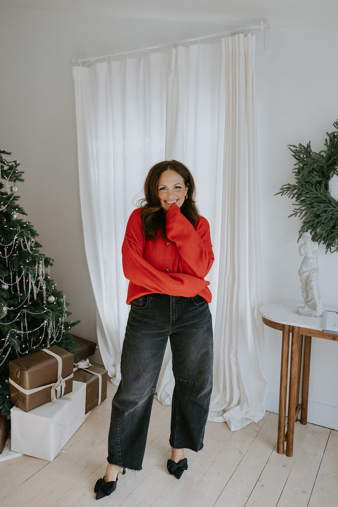 Button Up Cardigan with Exposed Seam - Red