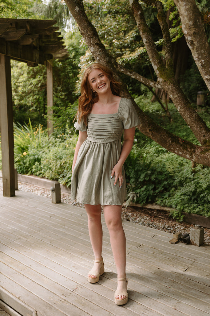 Pleated Detail Puff Sleeve Mini Dress - Olive