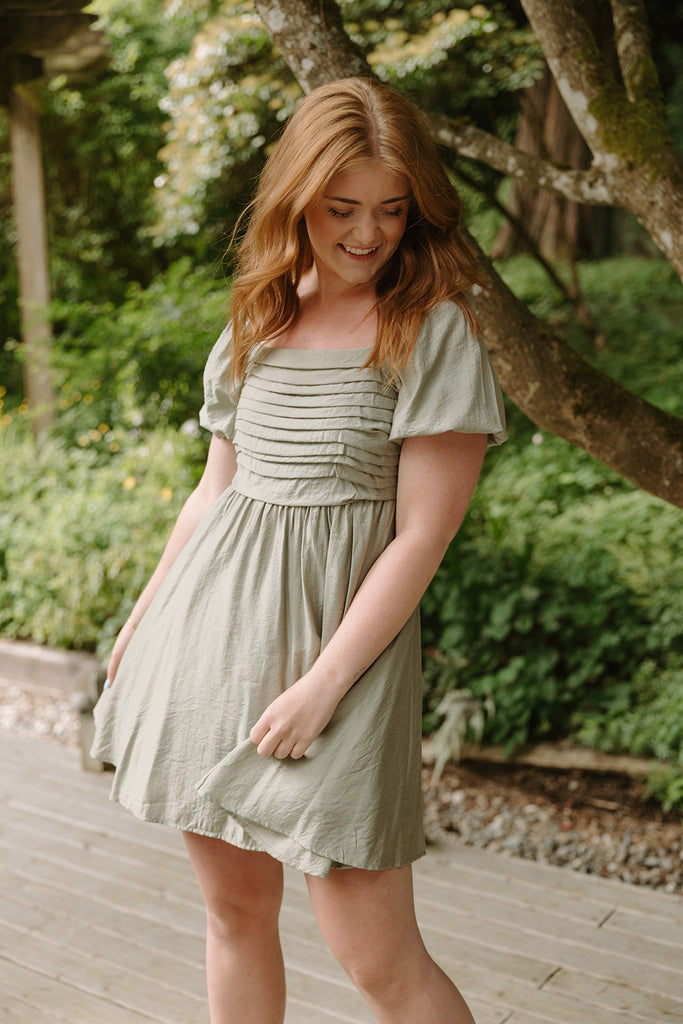 Pleated Detail Puff Sleeve Mini Dress - Olive