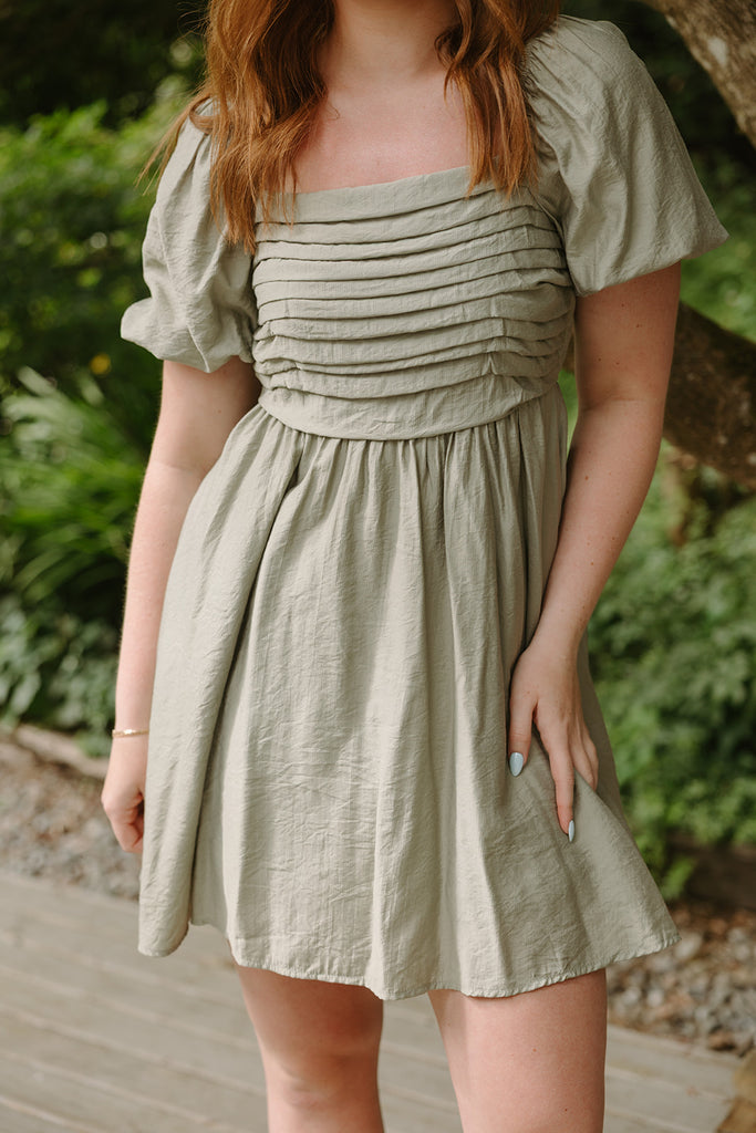 Pleated Detail Puff Sleeve Mini Dress - Olive