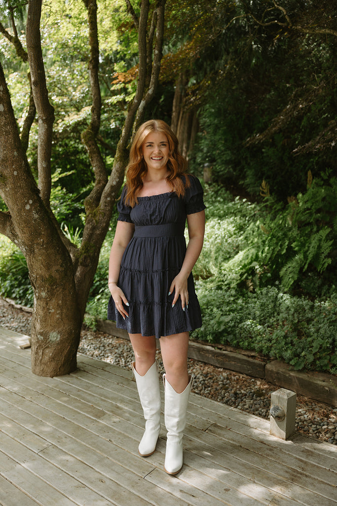 Navy Tiered Puff Sleeve Mini Dress