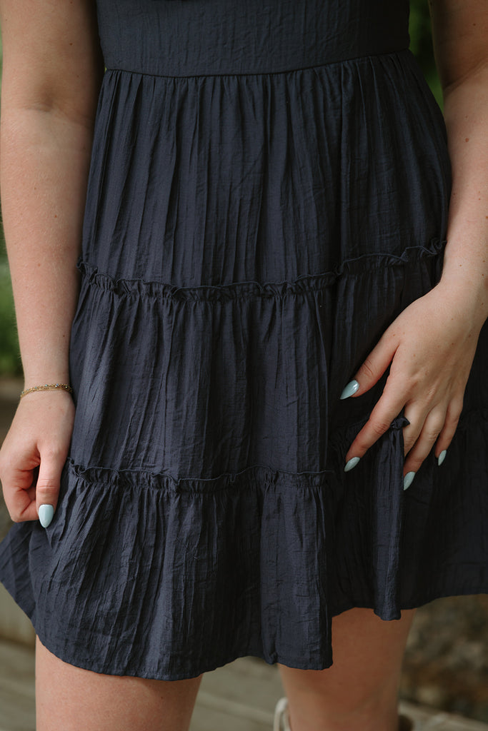 Navy Tiered Puff Sleeve Mini Dress