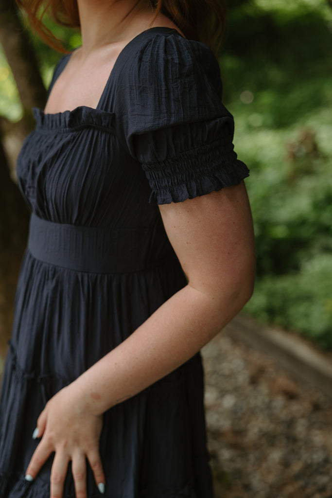 Navy Tiered Puff Sleeve Mini Dress