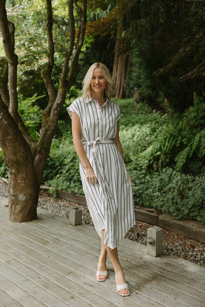 Striped Midi Linen Dress - Black