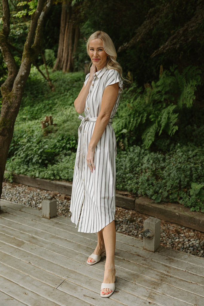 Striped Midi Linen Dress - Black