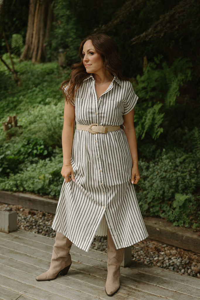 Button Down Striped Dress with Belt - Black