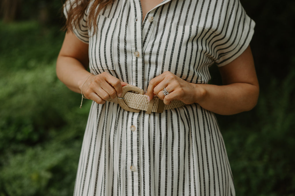 Button Down Striped Dress with Belt - Black