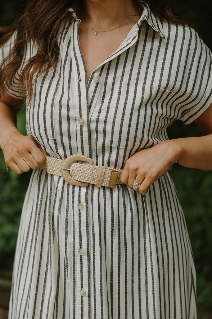 Button Down Striped Dress with Belt - Black