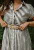 Button Down Striped Dress with Belt - Black