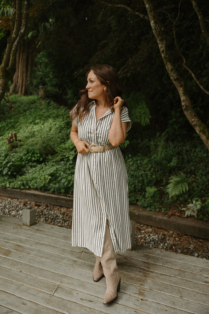 Button Down Striped Dress with Belt - Black