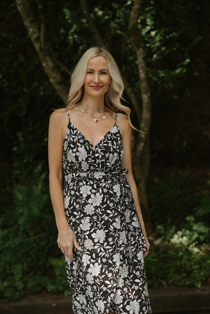 Printed Faux Wrap Midi - Black