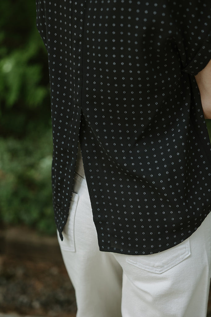 Button Up Blouse with White Print - Black