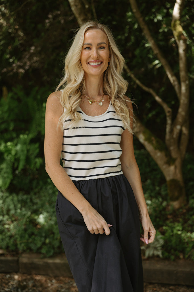 Striped Mixed Material Midi - Navy