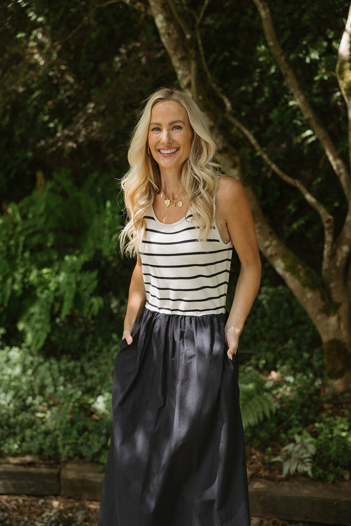 Striped Mixed Material Midi - Navy